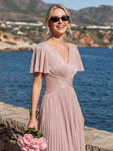 Load image into Gallery viewer, Color=Dusty Rose | Wholesale Pricing Short Sleeve Ruffle Appliques Deep V-Neck A-Line Floor Length Evening Dresses 8