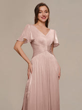 Load image into Gallery viewer, Color=Dusty Rose | Wholesale Pricing Short Sleeve Ruffle Appliques Deep V-Neck A-Line Floor Length Evening Dresses 5