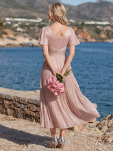 Load image into Gallery viewer, Color=Dusty Rose | Wholesale Pricing Short Sleeve Ruffle Appliques Deep V-Neck A-Line Floor Length Evening Dresses 7