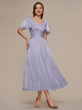 Load image into Gallery viewer, Color=Frosted Lilac | Wholesale Pricing Short Sleeve Ruffle Appliques Deep V-Neck A-Line Floor Length Evening Dresses 3