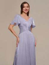 Load image into Gallery viewer, Color=Frosted Lilac | Wholesale Pricing Short Sleeve Ruffle Appliques Deep V-Neck A-Line Floor Length Evening Dresses 5