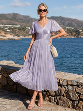 Load image into Gallery viewer, Color=Frosted Lilac | Wholesale Pricing Short Sleeve Ruffle Appliques Deep V-Neck A-Line Floor Length Evening Dresses 6