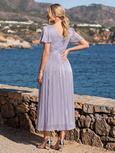 Load image into Gallery viewer, Color=Frosted Lilac | Wholesale Pricing Short Sleeve Ruffle Appliques Deep V-Neck A-Line Floor Length Evening Dresses 7