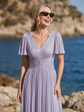 Load image into Gallery viewer, Color=Frosted Lilac | Wholesale Pricing Short Sleeve Ruffle Appliques Deep V-Neck A-Line Floor Length Evening Dresses 8