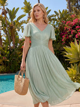 Load image into Gallery viewer, Color=Mint Green | Wholesale Pricing Short Sleeve Ruffle Appliques Deep V-Neck A-Line Floor Length Evening Dresses 9