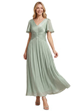 Load image into Gallery viewer, Color=Mint Green | Wholesale Pricing Short Sleeve Ruffle Appliques Deep V-Neck A-Line Floor Length Evening Dresses 2