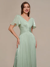 Load image into Gallery viewer, Color=Mint Green | Wholesale Pricing Short Sleeve Ruffle Appliques Deep V-Neck A-Line Floor Length Evening Dresses 6