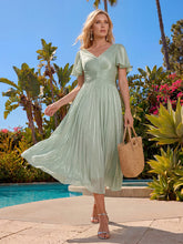 Load image into Gallery viewer, Color=Mint Green | Wholesale Pricing Short Sleeve Ruffle Appliques Deep V-Neck A-Line Floor Length Evening Dresses 7