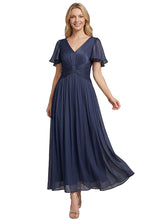 Load image into Gallery viewer, Color=Navy Blue | Wholesale Pricing Short Sleeve Ruffle Appliques Deep V-Neck A-Line Floor Length Evening Dresses 2
