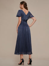 Load image into Gallery viewer, Color=Navy Blue | Wholesale Pricing Short Sleeve Ruffle Appliques Deep V-Neck A-Line Floor Length Evening Dresses 3