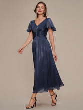 Load image into Gallery viewer, Color=Navy Blue | Wholesale Pricing Short Sleeve Ruffle Appliques Deep V-Neck A-Line Floor Length Evening Dresses 4