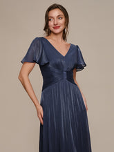Load image into Gallery viewer, Color=Navy Blue | Wholesale Pricing Short Sleeve Ruffle Appliques Deep V-Neck A-Line Floor Length Evening Dresses 6