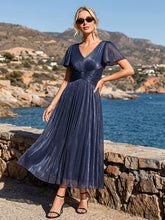 Load image into Gallery viewer, Color=Navy Blue | Wholesale Pricing Short Sleeve Ruffle Appliques Deep V-Neck A-Line Floor Length Evening Dresses 7
