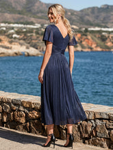 Load image into Gallery viewer, Color=Navy Blue | Wholesale Pricing Short Sleeve Ruffle Appliques Deep V-Neck A-Line Floor Length Evening Dresses 8