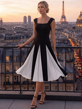 Load image into Gallery viewer, Color=Ivory-Black | Strapless Square Neck Midi Wedding Guest Dress 7