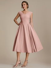 Load image into Gallery viewer, Color=Dusty Rose | One Stop Shop Short Sleeve V-Neck Pleated High Stretch Ball Gown Midi Wedding Guest Dresses-Dusty Rose 4