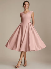 Load image into Gallery viewer, Color=Dusty Rose | One Stop Shop Short Sleeve V-Neck Pleated High Stretch Ball Gown Midi Wedding Guest Dresses-Dusty Rose 5