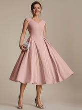 Load image into Gallery viewer, Color=Dusty Rose | One Stop Shop Short Sleeve V-Neck Pleated High Stretch Ball Gown Midi Wedding Guest Dresses-Dusty Rose 1