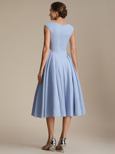 Load image into Gallery viewer, Color=Ice Blue | One Stop Shop Short Sleeve V-Neck Pleated High Stretch Ball Gown Midi Wedding Guest Dresses-Ice Blue 7