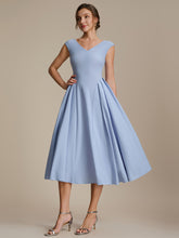 Load image into Gallery viewer, Color=Ice Blue | One Stop Shop Short Sleeve V-Neck Pleated High Stretch Ball Gown Midi Wedding Guest Dresses-Ice Blue 9