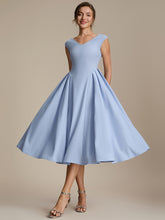 Load image into Gallery viewer, Color=Ice Blue | One Stop Shop Short Sleeve V-Neck Pleated High Stretch Ball Gown Midi Wedding Guest Dresses-Ice Blue 10