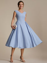 Load image into Gallery viewer, Color=Ice Blue | One Stop Shop Short Sleeve V-Neck Pleated High Stretch Ball Gown Midi Wedding Guest Dresses-Ice Blue 6