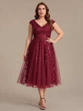 Load image into Gallery viewer, Color=Burgundy | Factory Design Sleeveless V-Neck Sequin A-Line Midi Wedding Guest Dresses-Burgundy 10