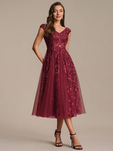 Load image into Gallery viewer, Color=Burgundy | Factory Design Sleeveless V-Neck Sequin A-Line Midi Wedding Guest Dresses-Burgundy 4