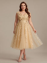 Load image into Gallery viewer, Color=Gold | Factory Design Sleeveless V-Neck Sequin A-Line Midi Wedding Guest Dresses-Gold 36