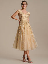 Load image into Gallery viewer, Color=Gold | Factory Design Sleeveless V-Neck Sequin A-Line Midi Wedding Guest Dresses-Gold 34