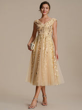 Load image into Gallery viewer, Color=Gold | Factory Design Sleeveless V-Neck Sequin A-Line Midi Wedding Guest Dresses-Gold 35