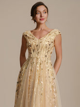 Load image into Gallery viewer, Color=Gold | Factory Design Sleeveless V-Neck Sequin A-Line Midi Wedding Guest Dresses-Gold 33