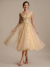 Load image into Gallery viewer, Color=Gold | Factory Design Sleeveless V-Neck Sequin A-Line Midi Wedding Guest Dresses-Gold 31