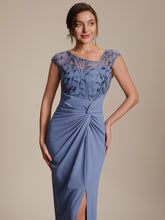Load image into Gallery viewer, Color=Dusty Blue | Knotted Ruched Cap Sleeve Mother of the Bride Dress-Dusty Blue 3