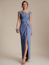 Load image into Gallery viewer, Color=Dusty Blue | Knotted Ruched Cap Sleeve Mother of the Bride Dress-Dusty Blue 1