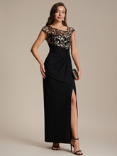 Load image into Gallery viewer, Color=Black Gold | Knotted Ruched Cap Sleeve Mother of the Bride Dress 3
