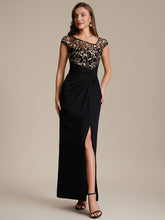 Load image into Gallery viewer, Color=Black Gold | Knotted Ruched Cap Sleeve Mother of the Bride Dress 4
