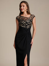 Load image into Gallery viewer, Color=Black Gold | Knotted Ruched Cap Sleeve Mother of the Bride Dress 5