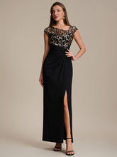 Load image into Gallery viewer, Color=Black Gold | Knotted Ruched Cap Sleeve Mother of the Bride Dress 1