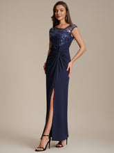 Load image into Gallery viewer, Color=Navy Blue | Knotted Ruched Cap Sleeve Mother of the Bride Dress 3
