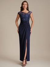 Load image into Gallery viewer, Color=Navy Blue | Knotted Ruched Cap Sleeve Mother of the Bride Dress 4