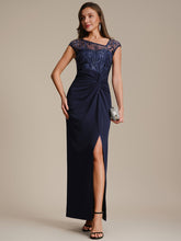 Load image into Gallery viewer, Color=Navy Blue | Knotted Ruched Cap Sleeve Mother of the Bride Dress 1