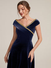 Load image into Gallery viewer, Navy Blue | Commercial Wholesale Plus Size Sleeveless Velvet V-Neck Sequin A-Line Wedding Guest Dresses-Navy Blue