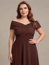 Load image into Gallery viewer, Color=Chocolate Brown | Wholesale Pricing Off-the-Shoulder Sleeveless High Stretch A-Line V-Neck Wedding Guest Dresses-Chocolate Brown 18