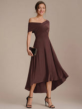 Load image into Gallery viewer, Color=Chocolate Brown | Wholesale Pricing Off-the-Shoulder Sleeveless High Stretch A-Line V-Neck Wedding Guest Dresses-Chocolate Brown 14