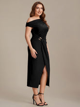 Load image into Gallery viewer, Color=Black | One Stop Shop Short Sleeves Off Shoulder Bodycon High Stretch Midi Wedding Guest Dresses-Black 9