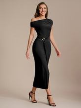 Load image into Gallery viewer, Color=Black | One Stop Shop Short Sleeves Off Shoulder Bodycon High Stretch Midi Wedding Guest Dresses-Black 4