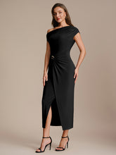 Load image into Gallery viewer, Color=Black | One Stop Shop Short Sleeves Off Shoulder Bodycon High Stretch Midi Wedding Guest Dresses-Black 5