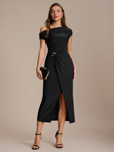Load image into Gallery viewer, Color=Black | One Stop Shop Short Sleeves Off Shoulder Bodycon High Stretch Midi Wedding Guest Dresses-Black 1
