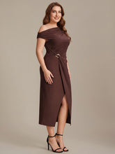Load image into Gallery viewer, Color=Chocolate Brown | One Stop Shop Short Sleeves Off Shoulder Bodycon High Stretch Midi Wedding Guest Dresses-Chocolate Brown 19